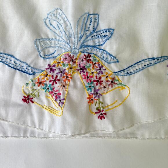 Vintage Handmade Embroidered Pillowcase with Wedding Bells and Ribbons - Picture 3 of 11